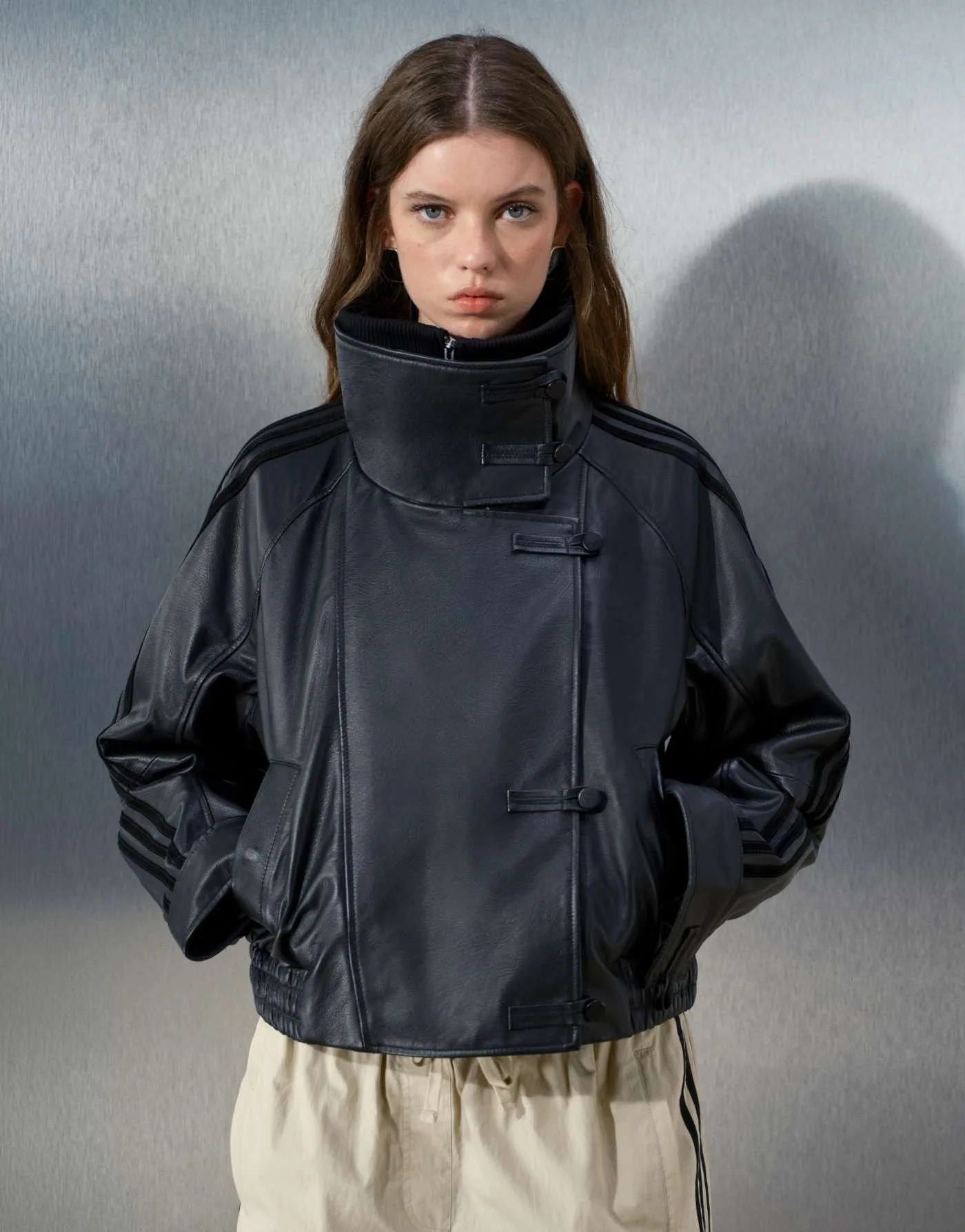 adidas Originals x ASOS : veste en cuir oversize à col montant et détails côtelés noire