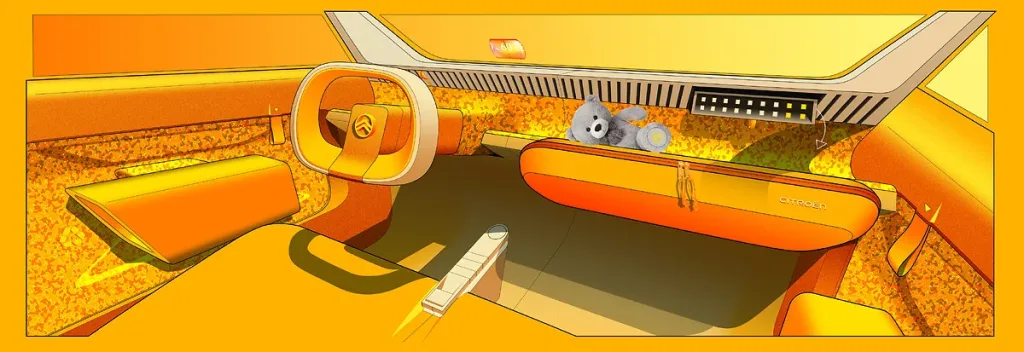 Croquis de l'habitacle jaune de la Citroën 2 CV Concept, volant monobranche