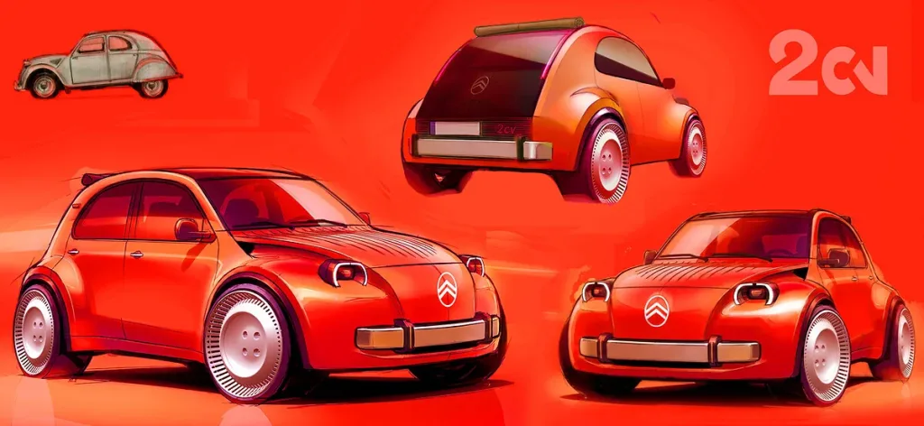 Rendus de la Citroën 2 CV Concept à côté d'une 2 CV d'origine