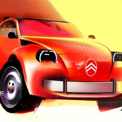 Croquis de face de la Citroën 2 CV Concept, rouge, chevrons sur le capot