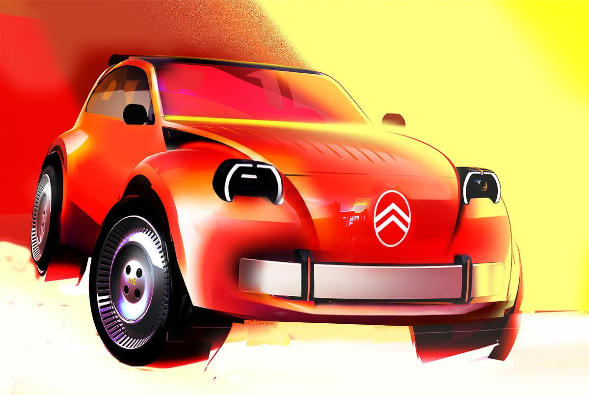 Croquis de face de la Citroën 2 CV Concept, rouge, chevrons sur le capot