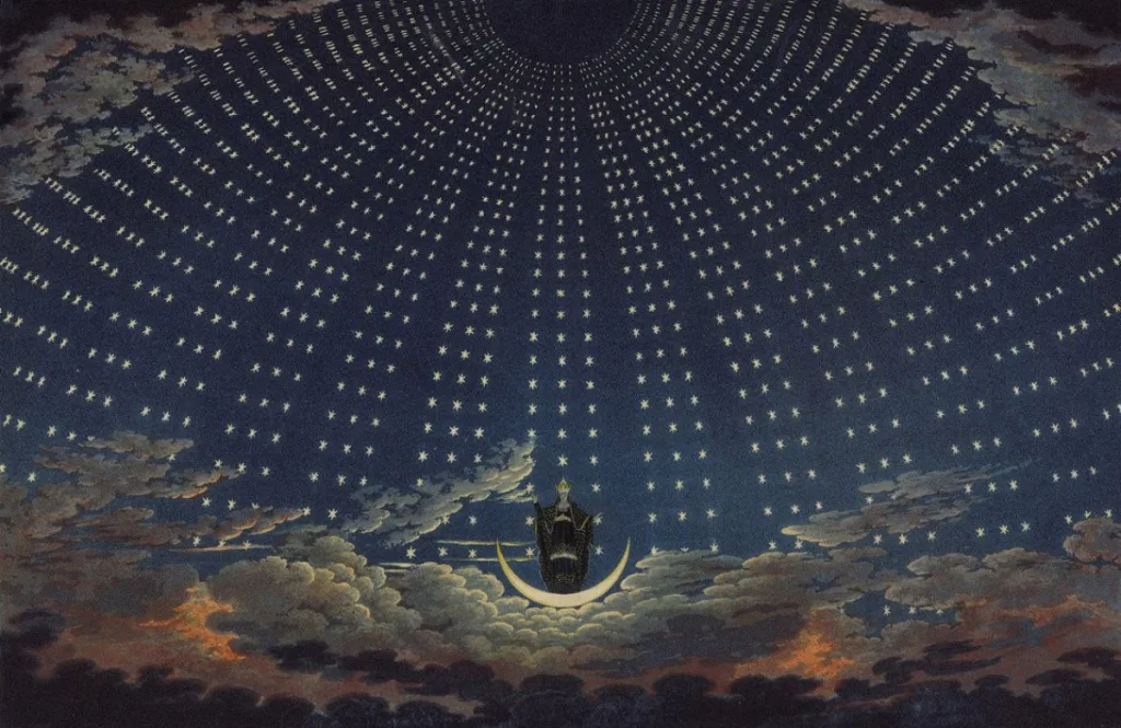 Apparition de la Reine de la Nuit (1819), décor de Karl Friedrich Shinkel pour La Flûte enchantée de Mozart (gravure KF Thiele), à voir dans le cadre de l'expo La Lune, du voyage réel aux voyages imaginaires au Grand palais, jusqu'au 22 juillet 2019.