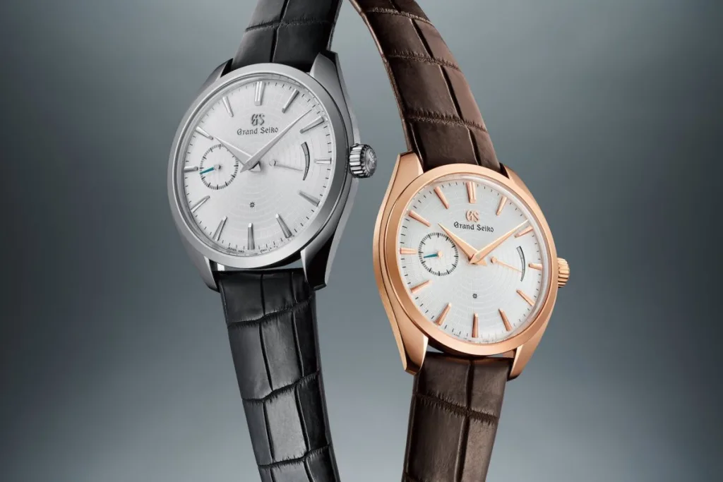 Les montres de la ligne Elegance dotées de boîtiers en platine ou or rose de 39 mm.