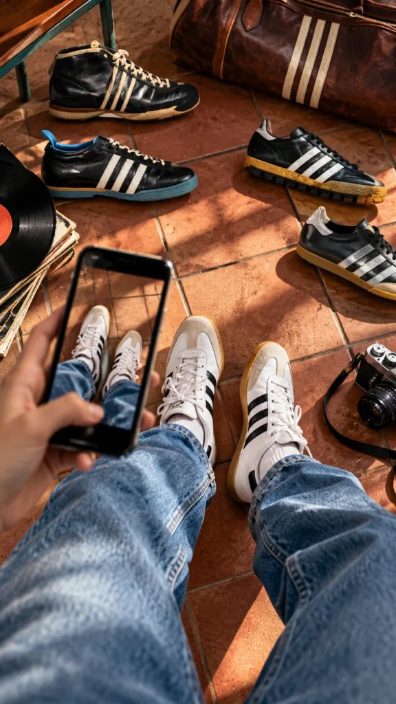 Une paire de Samba photographiée au téléphone